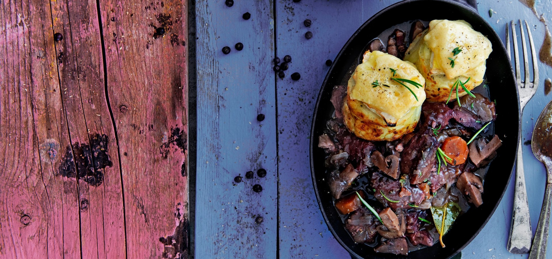 Beef bourguignon with gratins