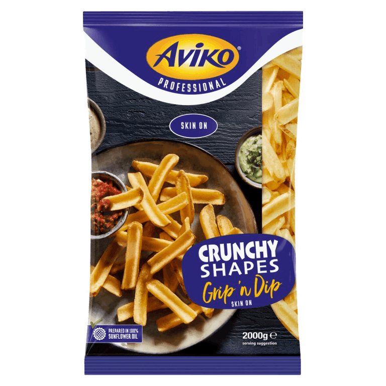Grip 'n Dip Skin On 2000g Crunchy shaped frozen fries Aviko