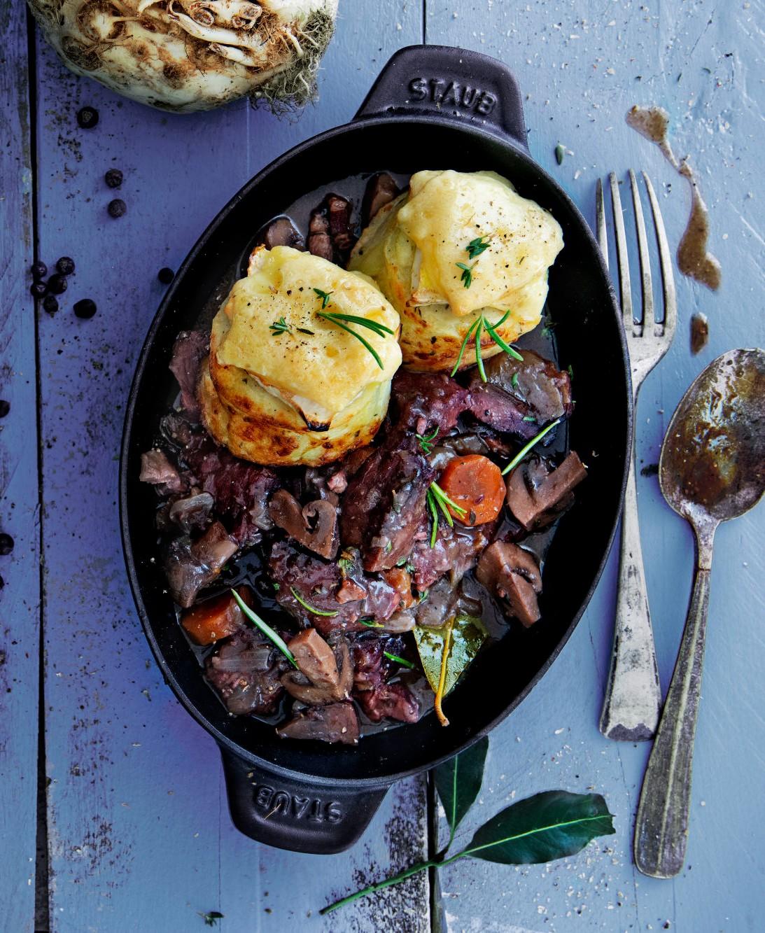 Beef bourguignon with gratins