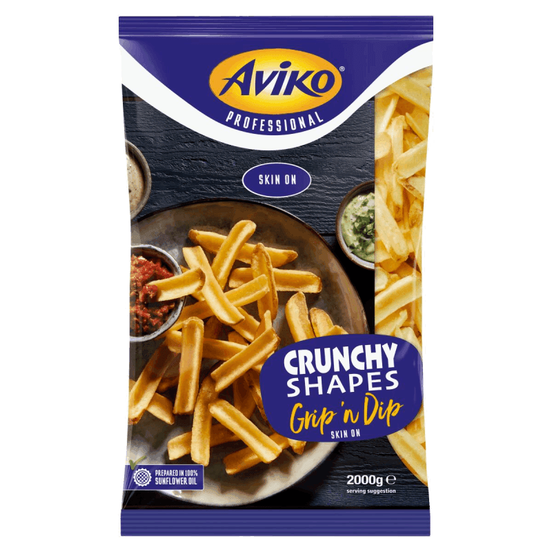 aviko grip-n-dip skin on crunchy shapes u fries