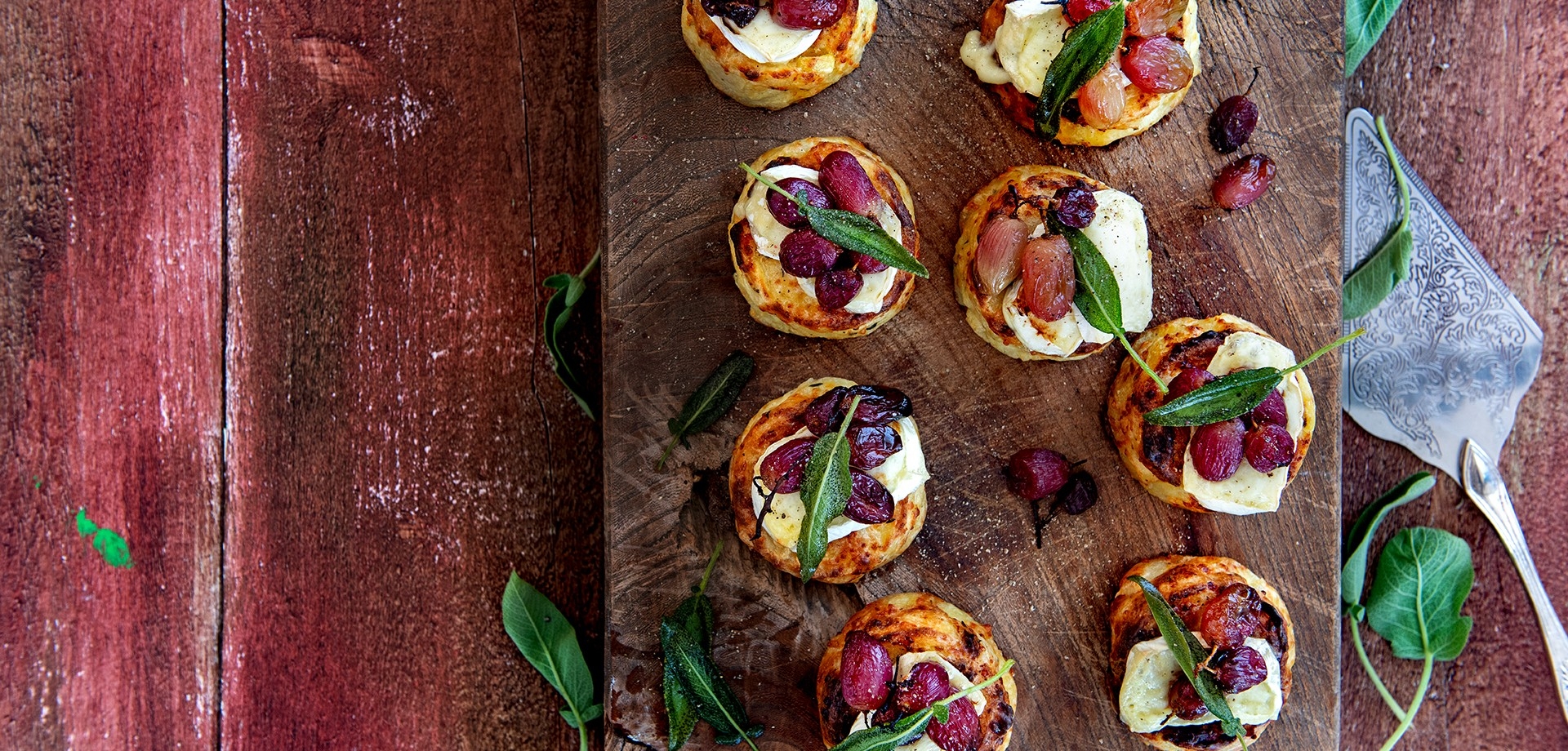 Gratins with Brie, roasted grapes, and crispy sage