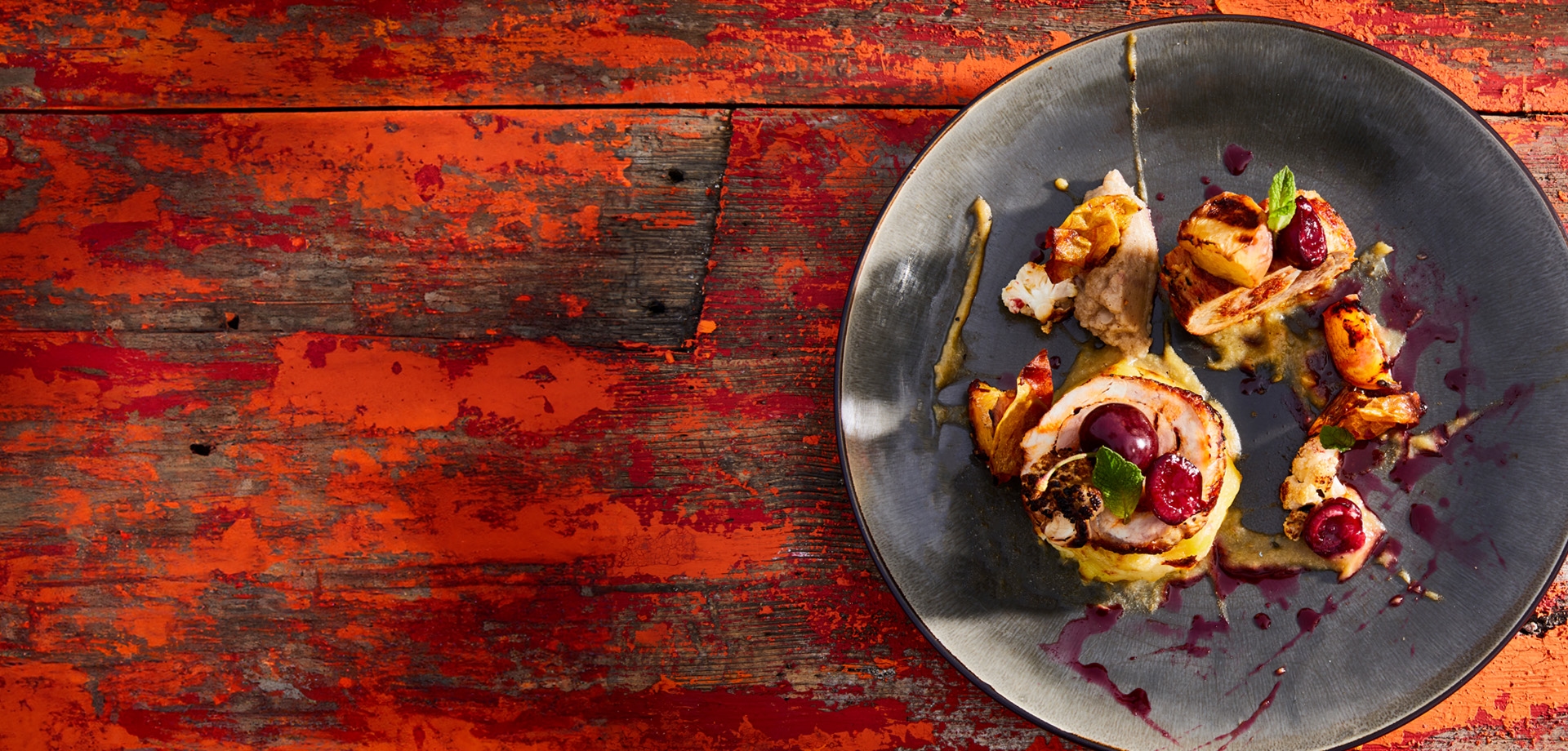 Header Pork tenderloin with sobrasada filling, cauliflower puree, gratin