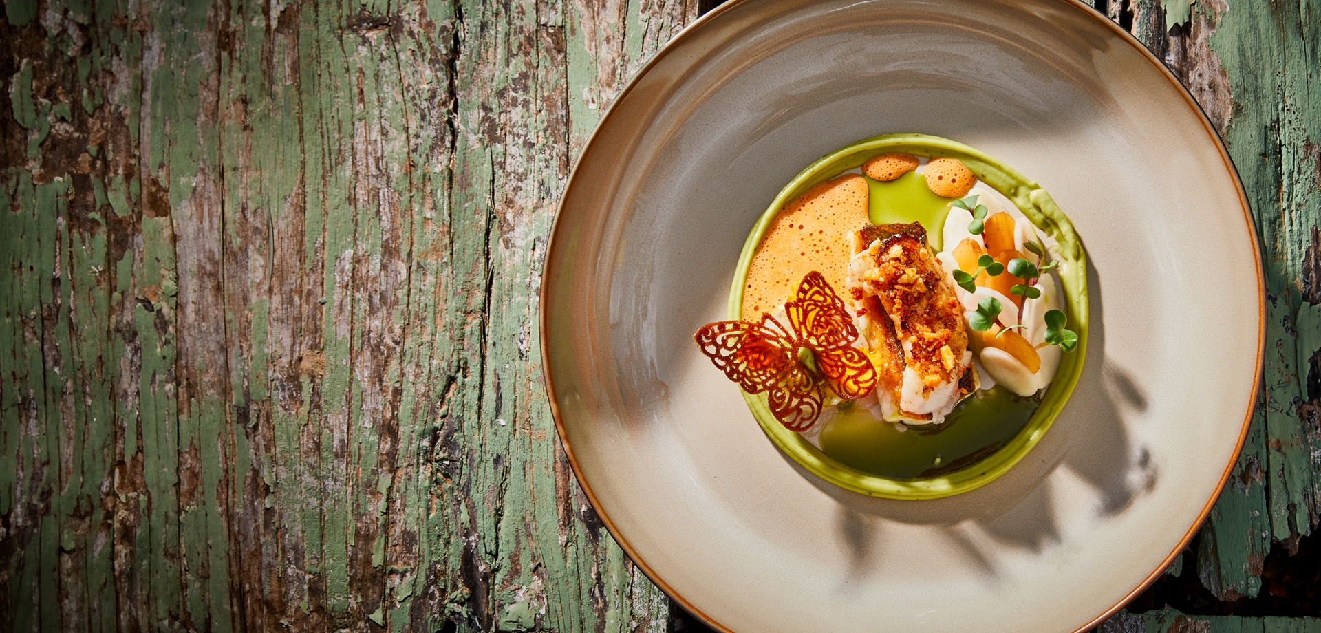 Header herbal puree with sea bass, langoustine and rösticrumble