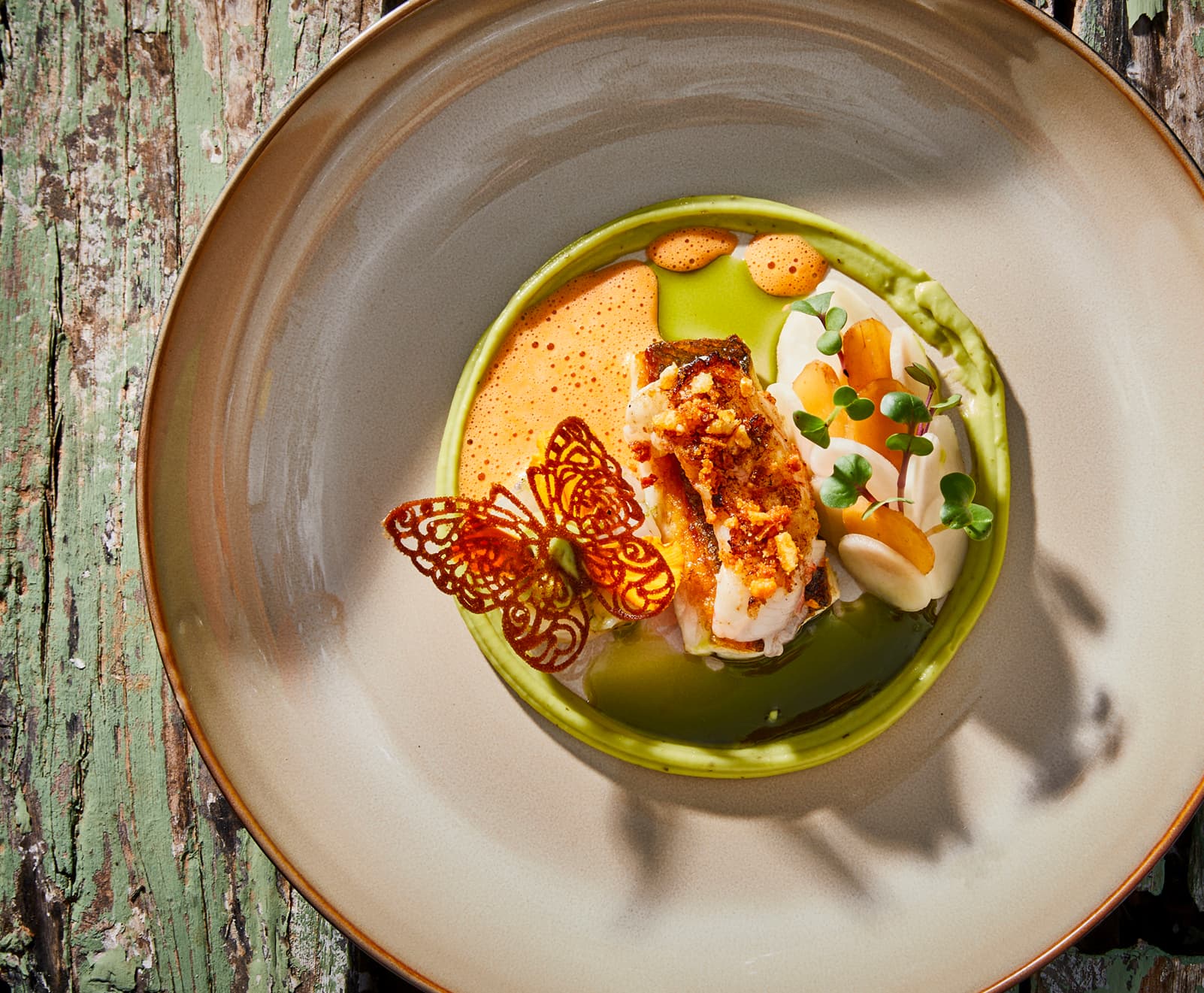 Herbal puree with sea bass, langoustine and rösticrumble.