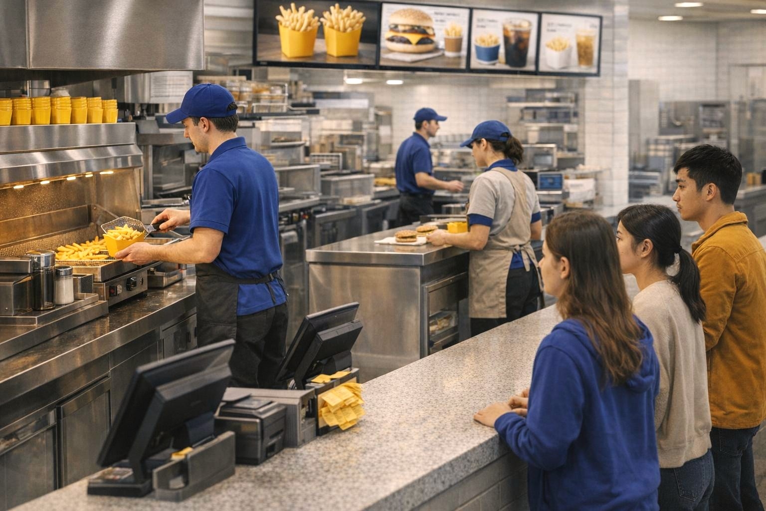 people waiting at a QSR counter
